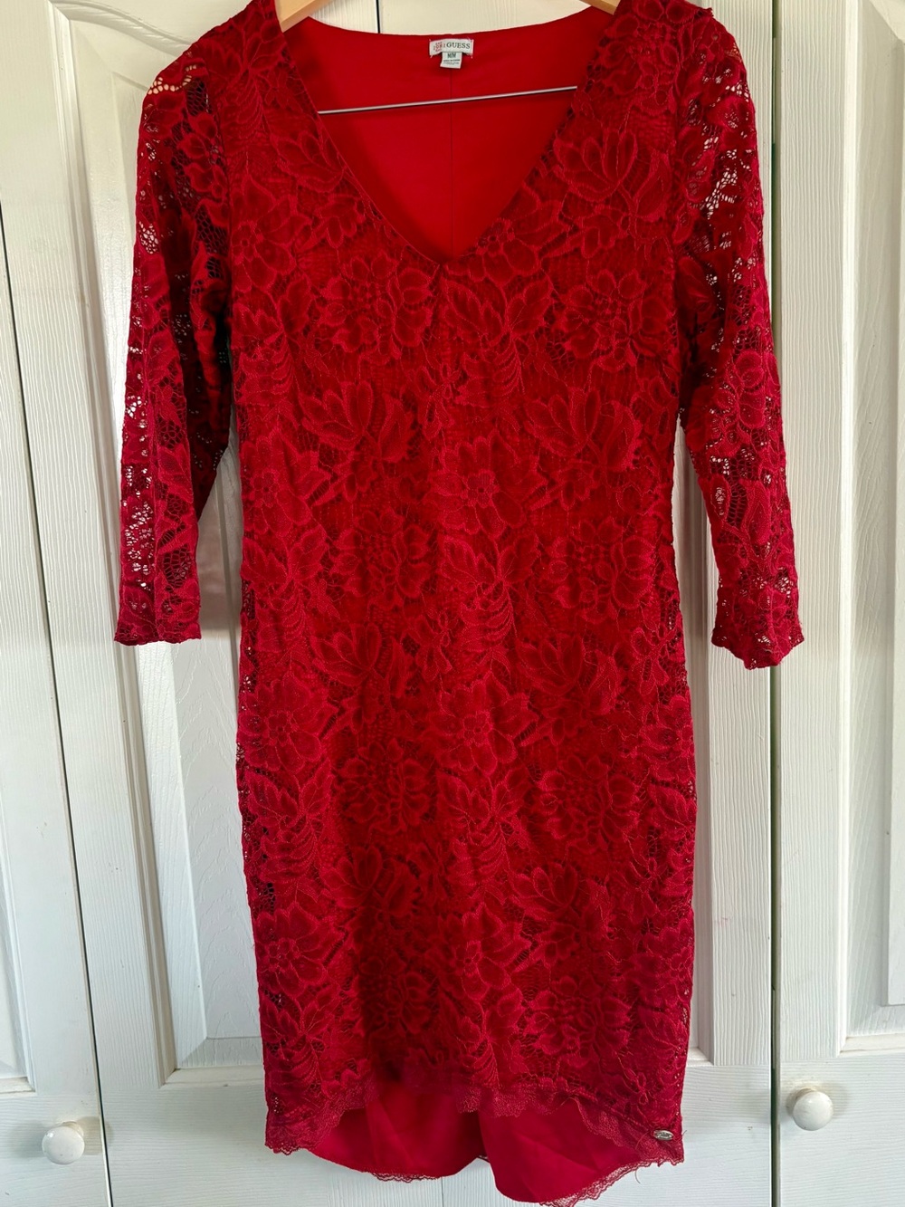 GUESS Est. 1981 Red Lace Sheath Dress 3/4 Sleeve Mini Size M